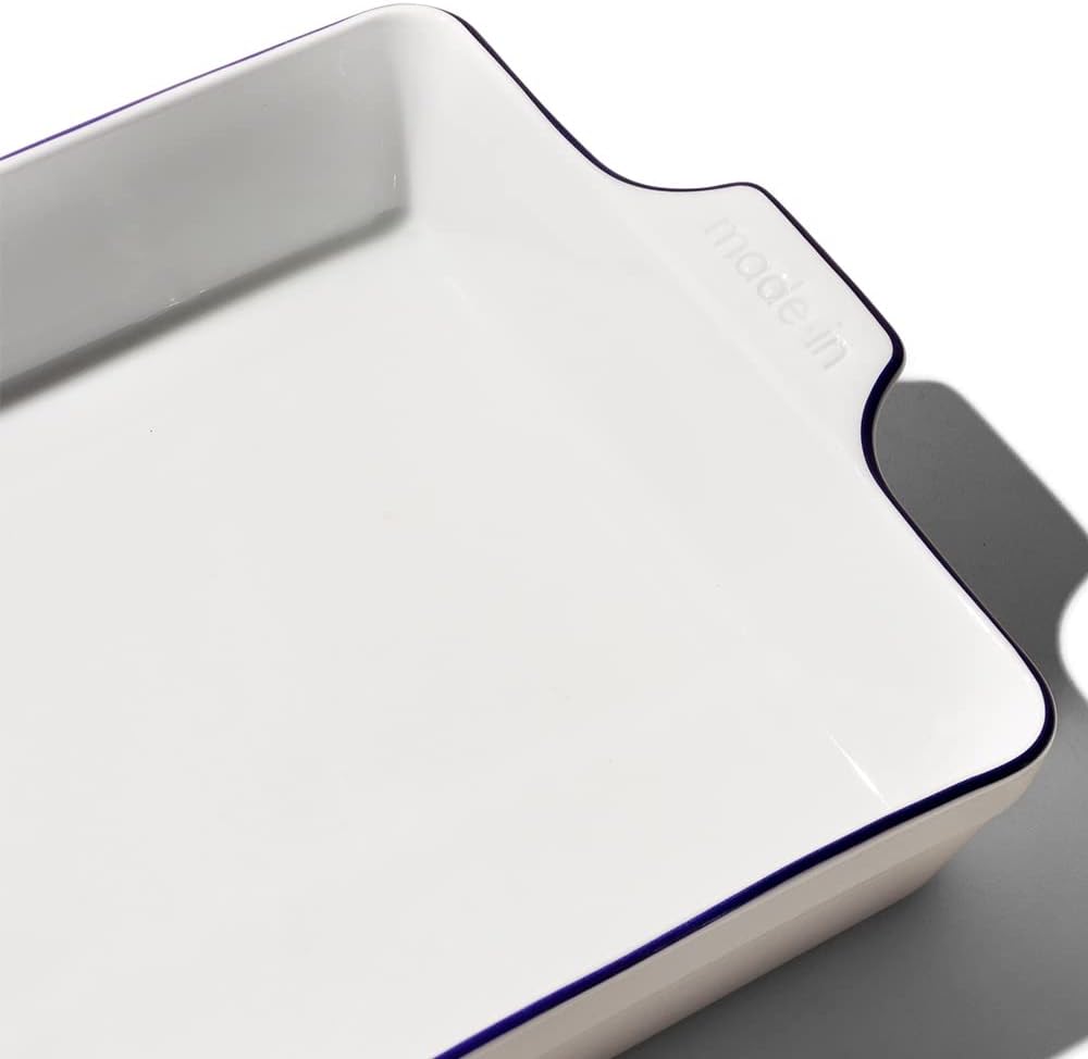 Made In Cookware - Rectangular Baking Dish - Navy Rim - Hand Crafted Porcelain - Professional Bakeware - Made in France Porcelain w/ Navy Rim